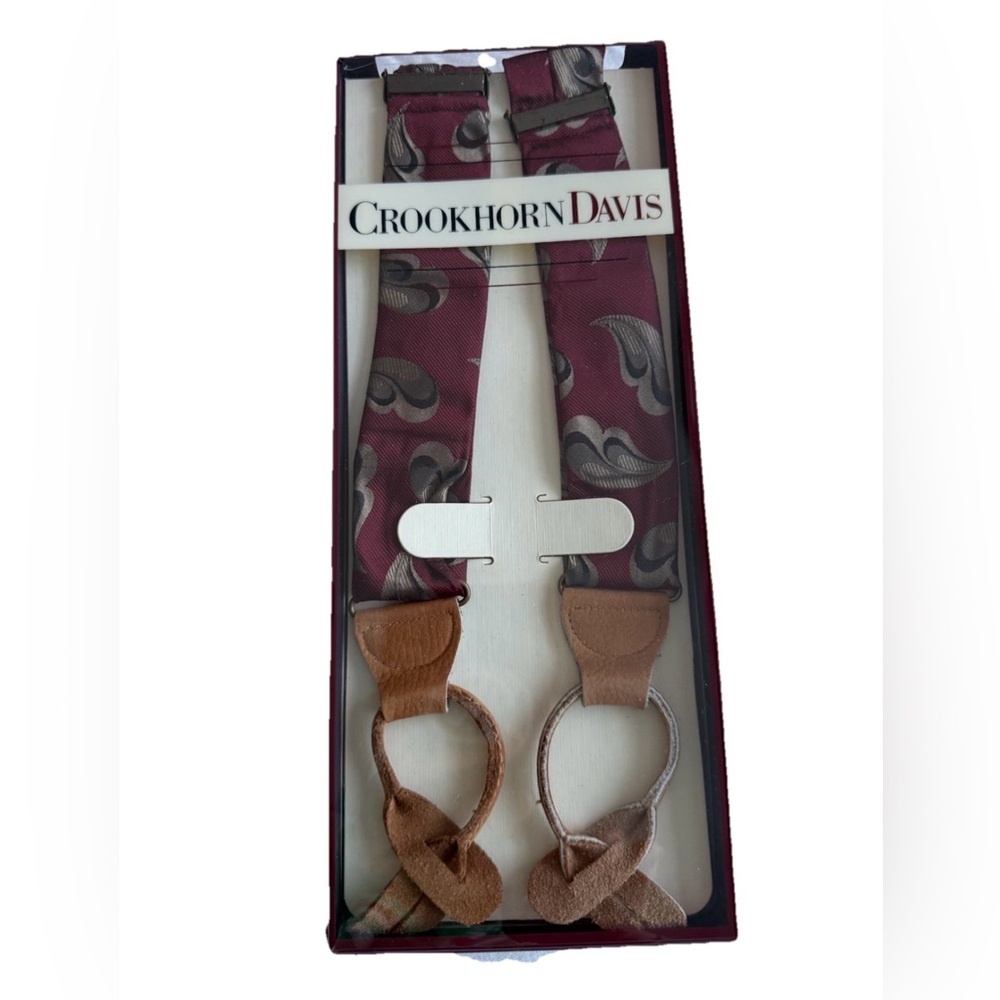 Vintage CROOKHORN DAVIS Paisley Burgundy Leather Suspenders Button Adjustable